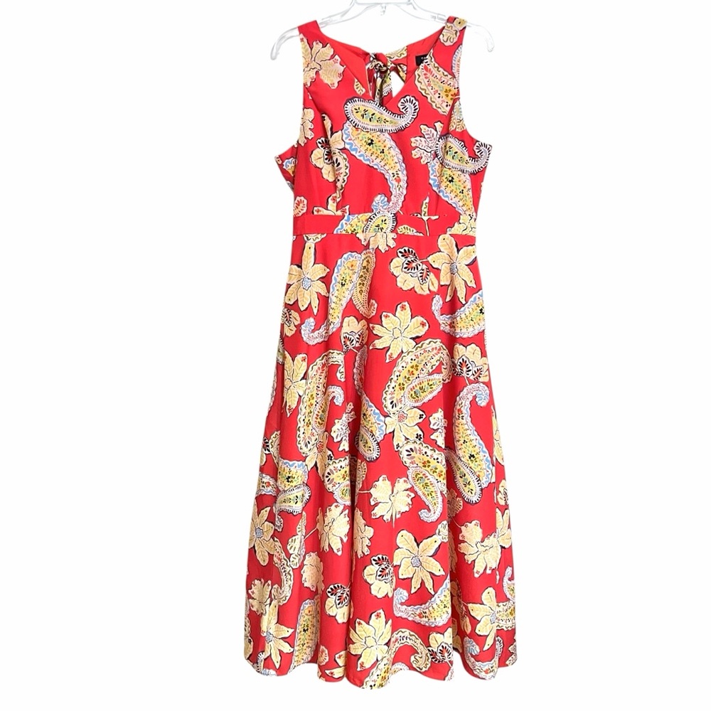 Tahari ASL Floral Paisley Tie Back Midi Dress Womens 10 Orange Night Out Vibrant
